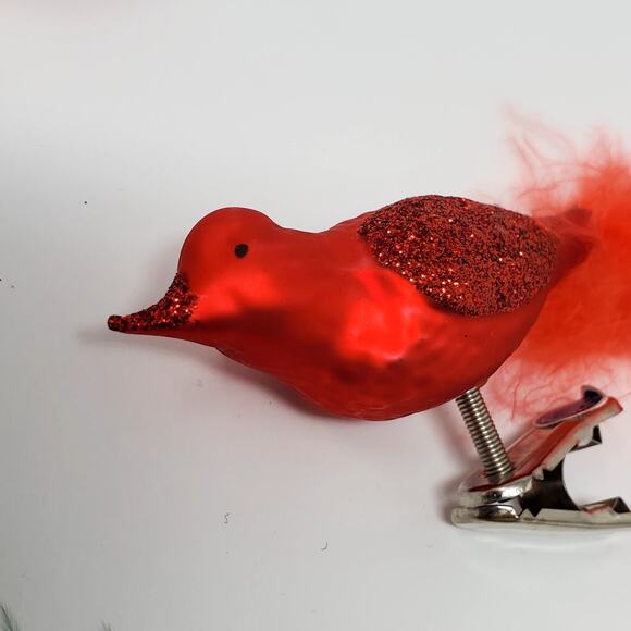 Vintage Red Bird Glass Christmas Tree Clip On Ornaments w/Real Feather Tail X3 - Picture 5 of 6